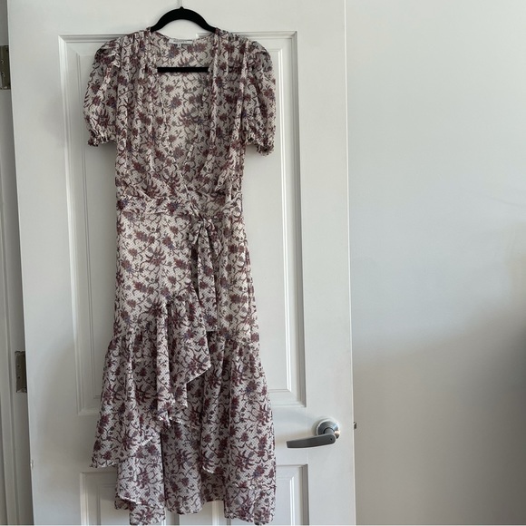 Morgan de Toi Floral Metallic Midi Wrap Dress with Tie and Ruffles; French Brand - Picture 3 of 9